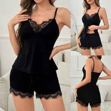 Sentmoon 2 PCS Soft Pajama Set for Women Lace Sexy Nightgown Sleeveless Relaxed Spaghetti Strap Solid Color Women's Loungewear Sets for Christmas Morning L