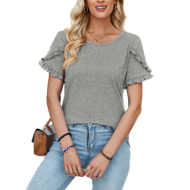 Avamo Hauts d'Été pour Femmes T-shirt Col Rond Manches Courtes T-shirt Confortable Chandail de Travail Gris G