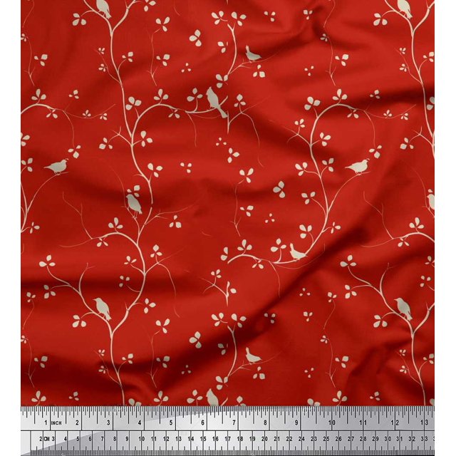 Soimoi Moss Georgette Fabric Branches,Leaves & Bird Decor Fabric Printed Yard 42 Inch Wide