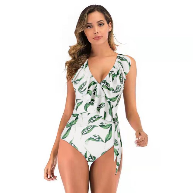 Women's Bikini Swimsuit Ruffles Two Pieces Bikini Set, Leaves M