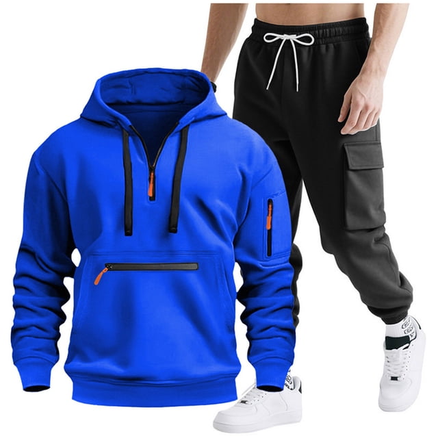 Mens Hooded Tracksuit, Long Sleeve Zipper Pocket Pullover and Drawstring Work Pants Set, Casual Two-Piece Outfit
