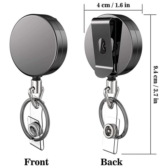 2 Pcs Cordons de Badge Rétractables avec Pince et Support de Carte de Badge Rétractable pour Cartes d'Identité et Clés. l'Image Montre Deux Supports de Badge Rétractables Noirs avec un Diamètre de 4 cm et une Longueur de 9,4 cm, Comprenant une Corde en Fil d'Acier durable et un Clip Arrière Solide pour une Fixation Sécurisée aux Ceintures, Poches Ou Sangles. Chaque Support Comprend un Anneau pour Clé et une Sangle pour Badge, Convient aux Professionnels comme les Infirmières, les Enseignants et le personnel de Sécurité. Fait de Métal,