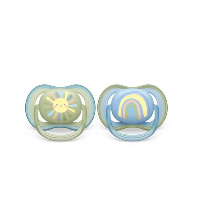 Philips Avent Ultra Air Pacifier 0-6m, 2 pack with smiling sun and blue rainbow designs, breathable shields with four extra-large air holes to keep skin dry, soft silicone nipples with 98% acceptance, BPA-free and orthodontic shape for healthy oral development.