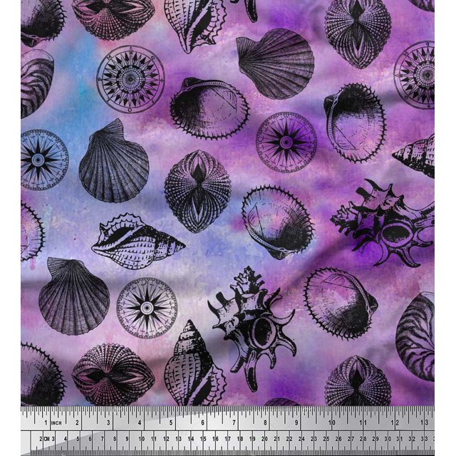 Soimoi Velvet Fabric Direction Compass & Seashell Ocean Print Fabric by The Yard 58 Inch Wide