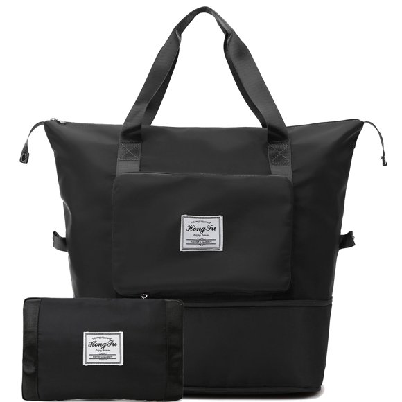 Large Sports Gym Bag Foldable Duffle Bag Waterproof Weekender Overnight Portable Tote Carry On Travel Bag with Wet Pocket & Shoes Compartment for Men Women Lightweight Adjustable Strap Black