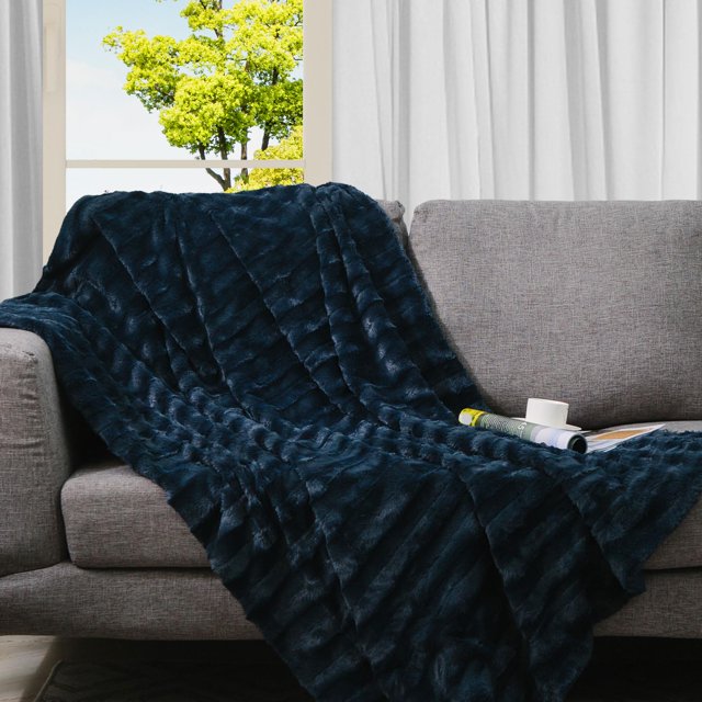 Cheer Collection Faux Fur Blanket - Luxurious Fluffy Blankets for Couch & Bed - Machine Washable - 86" x 86" inches - Blue