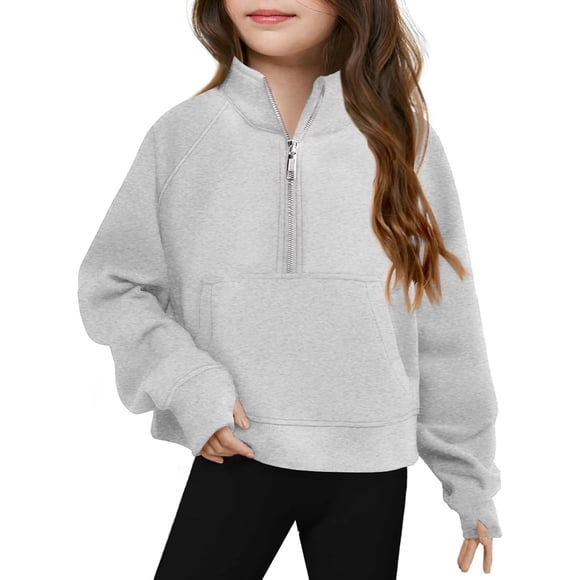 Aocisk Girls Casual Oversized Quarter Zipper Pullover Hoodie With Pocket Long Sleeve Sweatshirt Top Grey 13-14 Years
