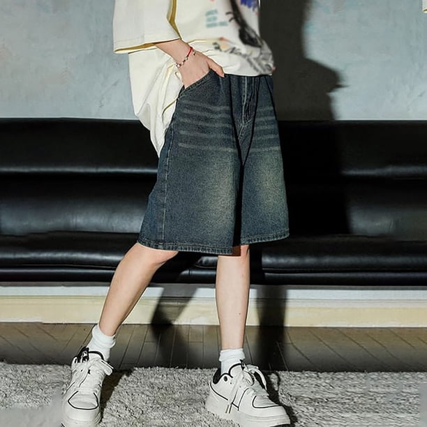 Mens Loose Denim Shorts Baggy Casual Wide Leg Mid Jean Jorts