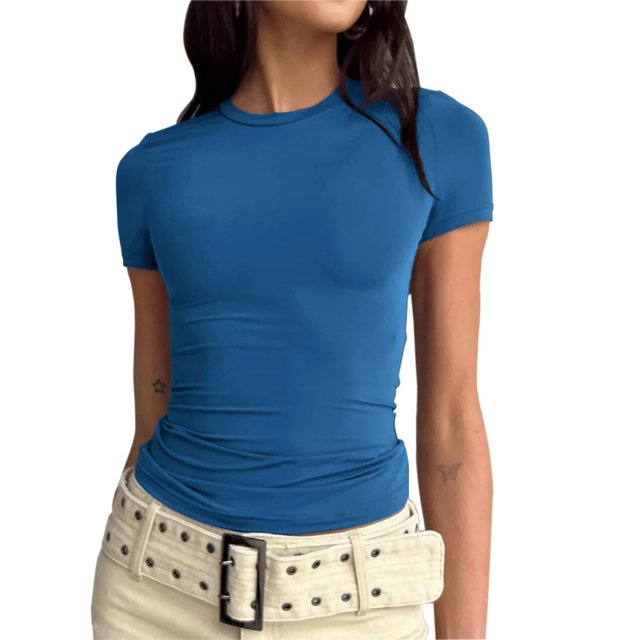 LSLJS T-Shirts pour Femmes T-shirt à Manches Courtes pour Femmes Couleur Unie Basique Col Rond Haut Décontracté Chandail T-shirt