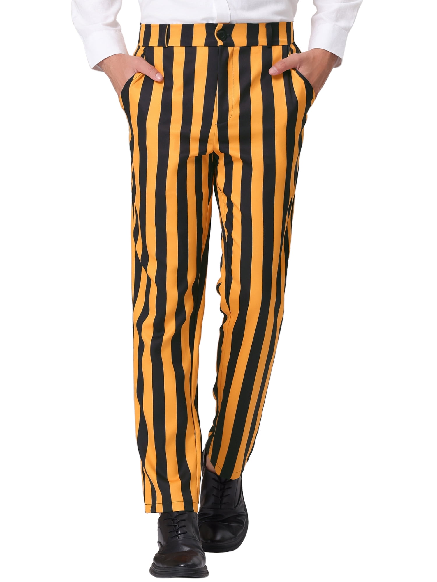 INSPIRE CHIC Men's Striped Pants Skinny Fit Contrast Color Button Zipper Trousers 36 Yellow Black