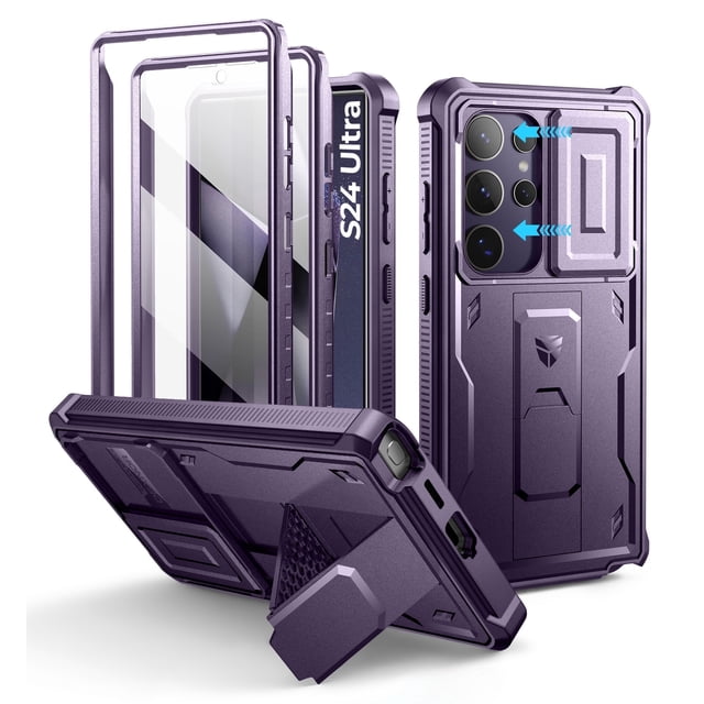 Dexnor for Samsung Galaxy S24 Ultra case in purple, designed for rugged outdoor use with a full-body bumper, built-in slide camera cover, screen protector, and kickstand. Shockproof and military-grade drop protection ensures durability, while precise cutouts allow easy access to ports and buttons. Supports wireless charging and PowerShare. Raised edges protect the screen, and the kickstand doubles as a ring holder for secure grip during adventures.