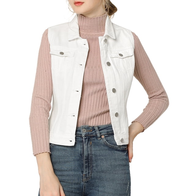 INSPIRE CHIC Juniors Washed Chest Flap Pockets Single Breasted Denim Vest Jacket