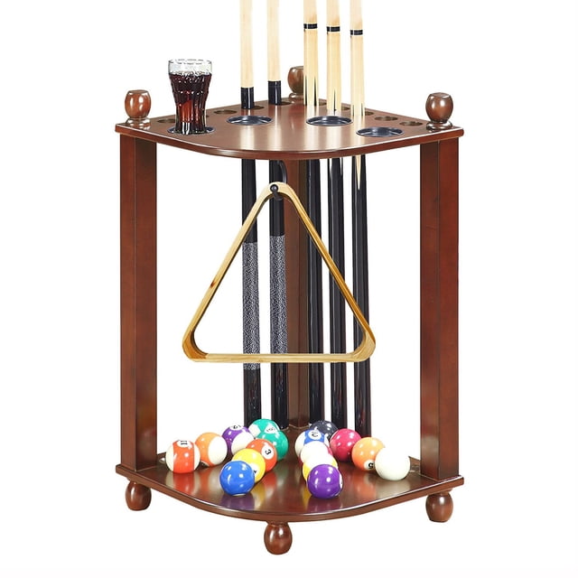 Hathaway Regent Étagère d'Angle au Sol Fini Noyer avec Cadre en Bois Franc Massif Pouvant Accueillir 10 Piscine cues Verticale, un Support Triangulaire Suspendu pour Balles, Quatre Porte-Boissons Intégrés Dont un avec un Verre de soda Foncé, et des Balles de Billard sur l'Étagère Inférieure pour un Rangement Organisé de la Salle de Jeux.