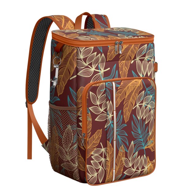 Palm Leaf Insulated Cooler Backpack, Leakproof Lunch Bag with Tropical Plant Pattern for Outdoor Adventures