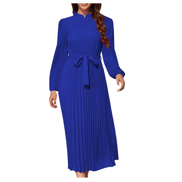 Yuyuzo Robe Bohème pour Femmes à Manches Longues, Froncée, à Volants, Ourlet Fluide, Robe Midi, Couleur Unie, Col Montant, Taille Ceinturée