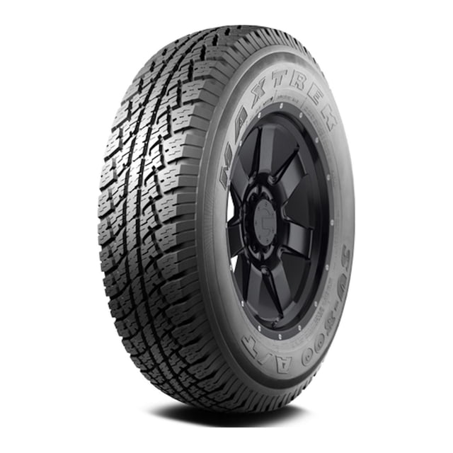 MAXTREK SU-800 LT225/75R16 LRE Tire shown at a 3/4 angle with aggressive all-season tread featuring deep grooves and zig-zag sipes for traction on wet and dirt roads, mounted on a black multi-spoke wheel, designed for light trucks and SUVs to provide highway stability and off-road grip.