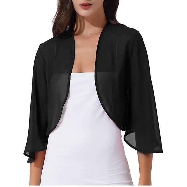 TTAO Boléro Châle en Mousseline Douce Transparente à Manches 3/4 pour Femmes, Veste Cardigan Ouverte à l'Avant pour Robe de Soirée de Mariage, Noir TG