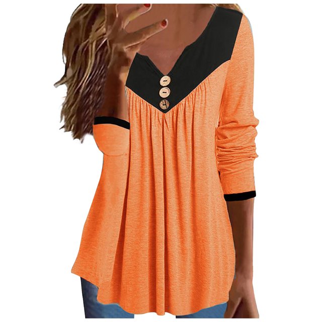 FAIWAD Womens Tunic Tops Long Sleeve Color Block V Neck Button Down Pleated Flowy Pullover Tops