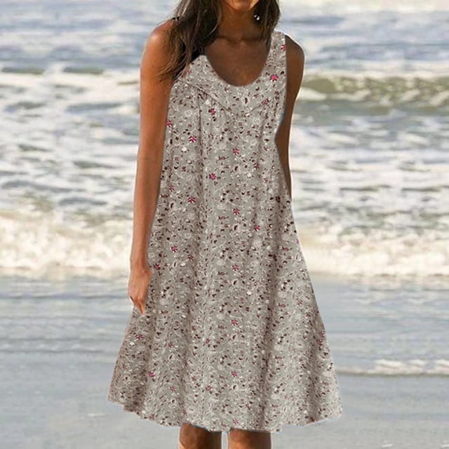 zanvin Robes pour Femmes, Robe d'Été à Imprimé pour Femmes à Manches Courtes, Col Ras du Cou, Robe Ample, Robe de Plage, Robe Soleil, Robe Midi Fluide à Volants