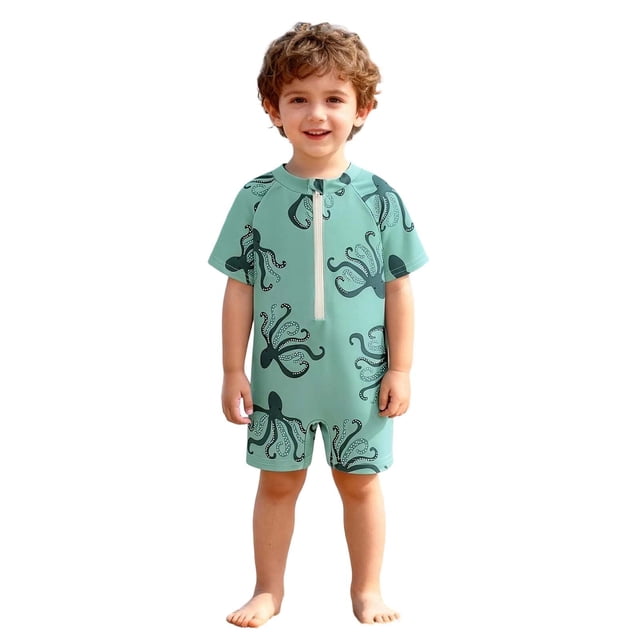 Boys Swimsuit Half-Zip Conjoined for Toddlers, Summer Printed One-Piece Rash Guard with UPF for Beach and Pool, Infant to 3T