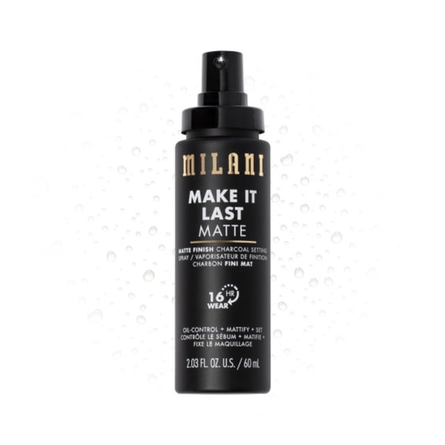Milani Make It Last Setting Spray Matte in a black 60 ml spray bottle with gold and white text, designed for oil control and mattifying makeup with up to 16 hours wear, ideal for travel size makeup and oil-prone skin, shown front-facing on a white background with water droplets.