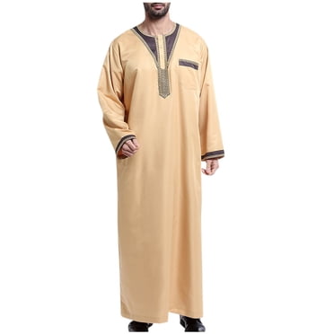Men's Muslim Robe Retro Islamic Arab Kaftans for Men Eid Muslim Thobe Dubai Ramadan Daily Clothes, Muslim Shirt Robe with Pockets