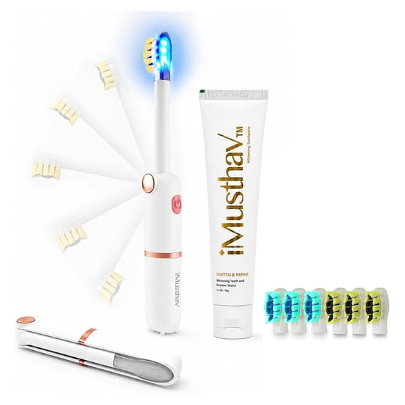 iMusthav Brosse à Dents Électrique Sonique de Voyage pour Adultes, Brosse à Dents Pliable à Piles, Lumière DEL Bleue et Dentifrice Blanchissant, 3 Modes, Minuterie Intelligente, 6 Têtes de Brosse de Rechange
