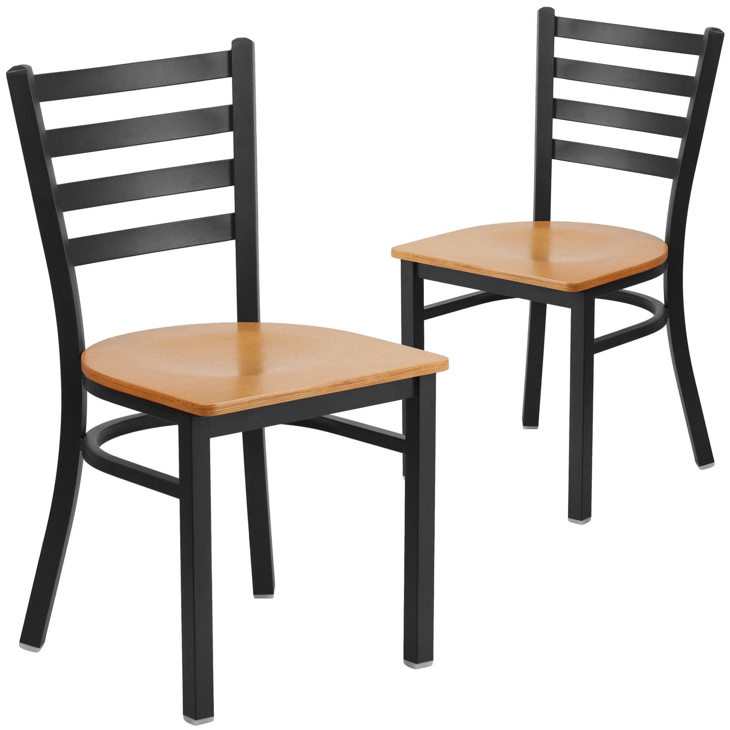 2 Pk. HERCULES Series Black Ladder Back Metal Restaurant Chair - Natural Wood Seat