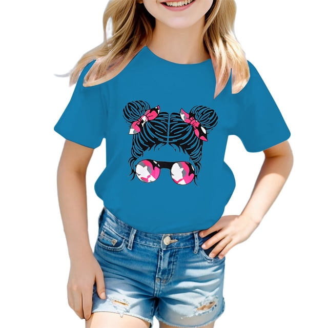 WEIYLL T-Shirts Filles Imprimé Mignon Col Rond Manches Courtes Été Décontracté Hauts Enfant pour 11-12 Ans