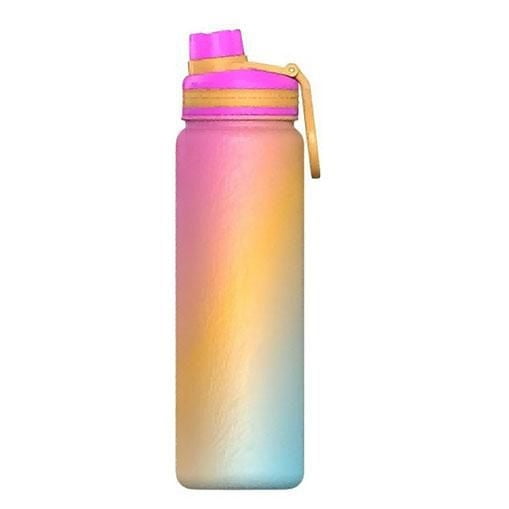 Mainstays 24oz Double Wall Vacuum Insulated Sport Bottle with a pink to orange to light blue gradient, stainless steel construction, BPA-free design, and a pink lid with a beige handle for easy carrying, designed to keep beverages hot or cold.