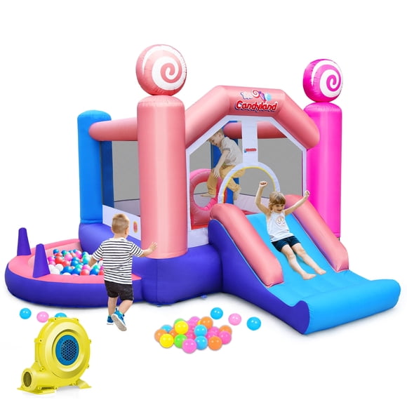 OLAKIDS Maison Gonflable à Rebond avec Souffleur, Château Sautoir Rose Candyland pour Enfants avec Fosse à Balles Coulissante, Jante de Basketball, Parcours d'Obstacles Gonflable Intérieur Extérieur avec Souffleur 680W Sac de Transport de 50 Pcs pour Balles
