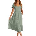 thumbnail image 1 of Robes d'Été Grande Taille pour Femmes 2024 Décontractées à Manches Courtes, Boutonnées, Col en V, à Étages, Ligne A, Fluides, Robe Midi de Plage avec Poches, Économisez jusqu'à 65 % de Rabais!, 1 of 5