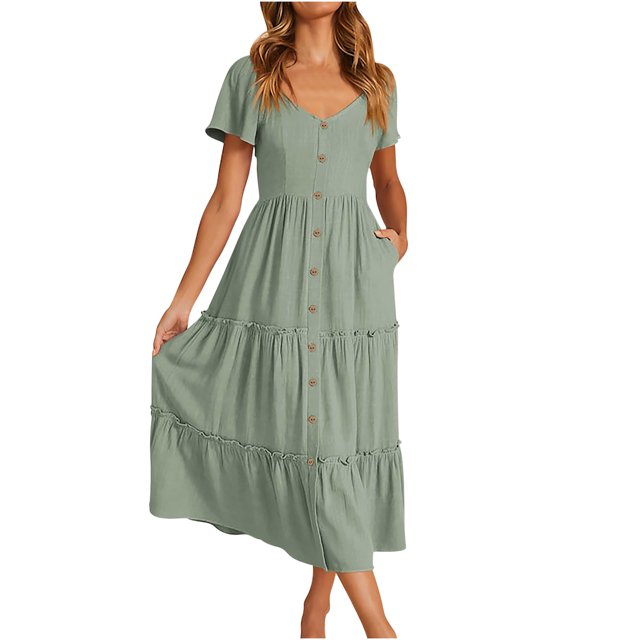 Robes d'Été Grande Taille pour Femmes 2024 Décontractées à Manches Courtes, Boutonnées, Col en V, à Étages, Ligne A, Fluides, Robe Midi de Plage avec Poches, Économisez jusqu'à 65 % de Rabais!