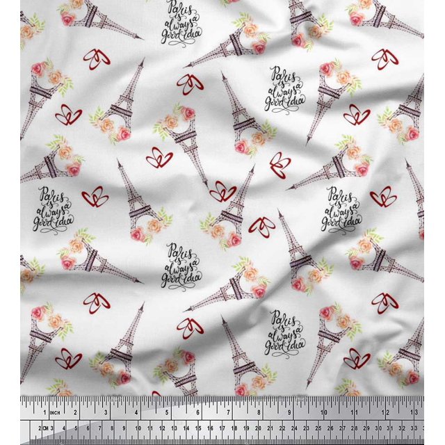 Soimoi Rayon Fabric Text,Floral & Eiffel Tower Architectural Fabric Prints By Yard 56 Inch Wide