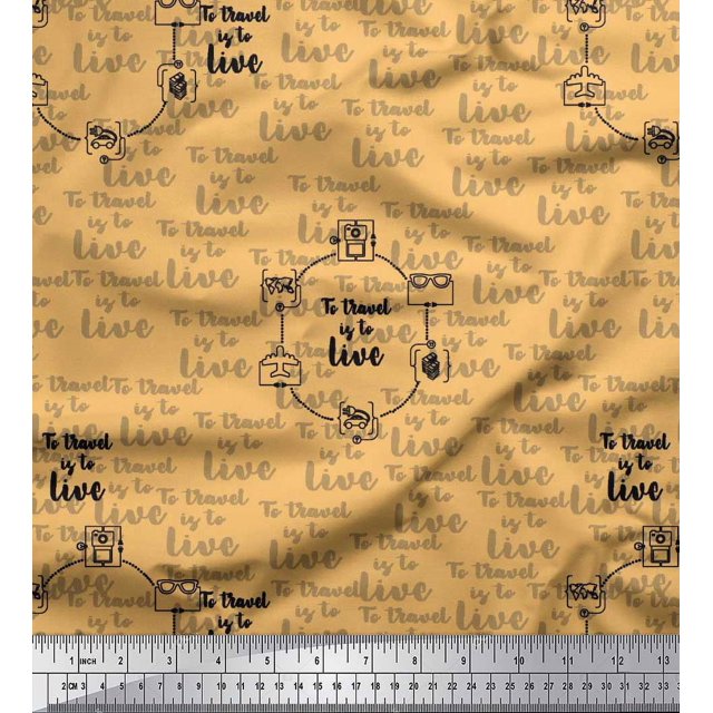 Soimoi Orange Rayon Fabric To Travel Is To Live Text Print Sewing Fabric Yard 56 Inch Wide