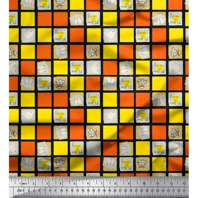 Soimoi Rayon Fabric Geometric Square,Text & Bear Face Kids Fabric Prints by Yard 56 Inch Wide
