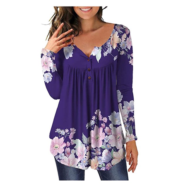 Qertyioot Hauts pour Femmes Blouse à Boutons Imprimée Manches Longues Décontractées (Sans Impression de Positionnement)