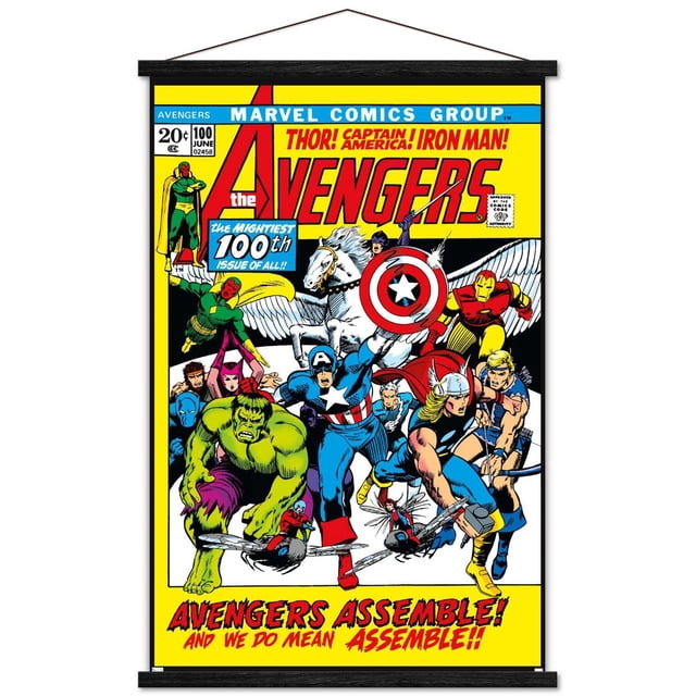 Marvel Comics - Avengers #100 Wall Poster, 22.375" x 34" featuring a vintage comic book cover with Avengers heroes including Captain America holding his shield, Thor with hammer, Iron Man in red and gold armor, Hulk in green, and other characters in dynamic poses on a yellow background with bold red text 'Avengers Assemble! And we do mean Assemble!' ideal for home décor or office wall art.