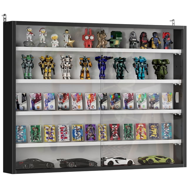 HOMCOM 5-Storey Wall Shelf Display Cabinet, Shot Glass Display Case in black and white. The cabinet features a sleek design with two large glass sliding doors and five adjustable shelves, showcasing various collectibles, including figurines, toy cars, and trading cards. Made of particleboard and glass, it measures 31.5 inches wide, 3.7 inches deep, and 23.6 inches high. Ideal for organizing and displaying small items or souvenirs.
