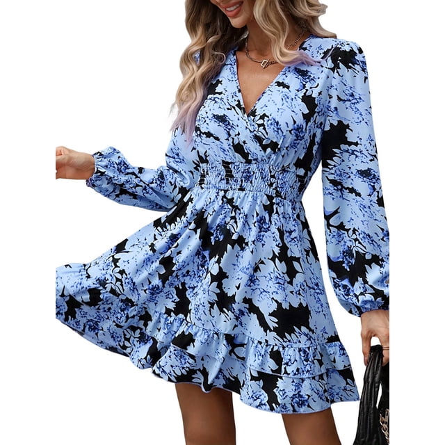 Robe Courte Fleurie pour Femme à Manches Longues, Décontractée, Col en V, Chiffon, Modeste, Bohème, Fluide, Automne, Invitée de Mariage, Bleu Royal, M