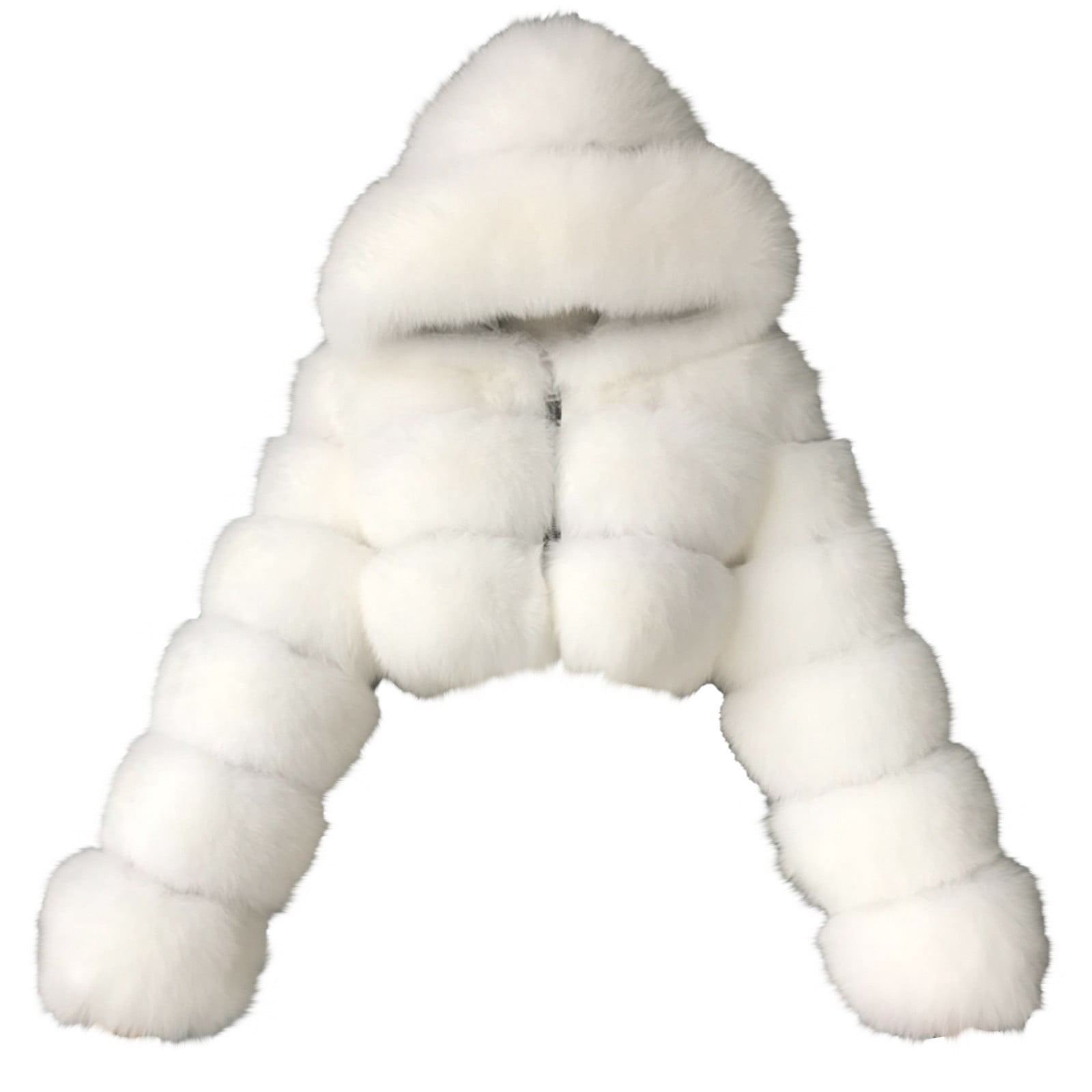 Veste à Manches Longues pour Femmes Courte à Capuche en Fausse Fourrure Chaude à Manches Longues