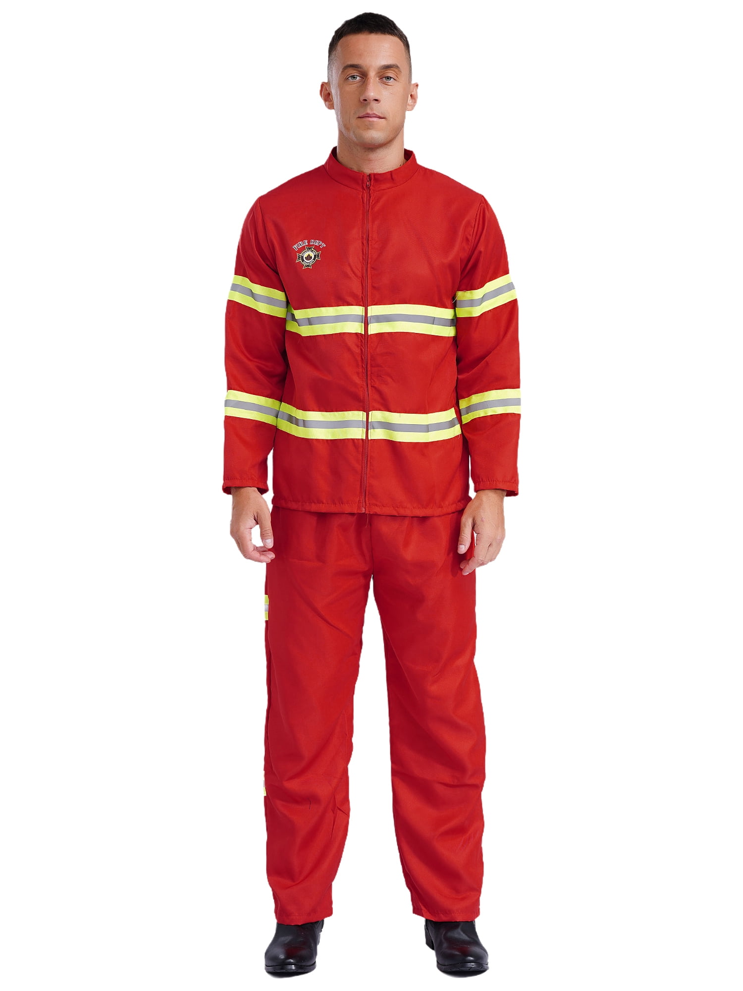 Hansber Costume de Pompier d'Halloween pour Homme Uniforme de Pompier Bandes Réfléchissantes Sécurité Ensemble 4 Pcs pour Cosplay Fête Rouge 170