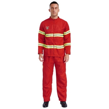 Moggemol Hommes Adultes 4 Pcs Uniforme de Pompier Pompier Bandes Réfléchissantes Tenues Halloween Jeu de Rôle Ensembles Rouge 160