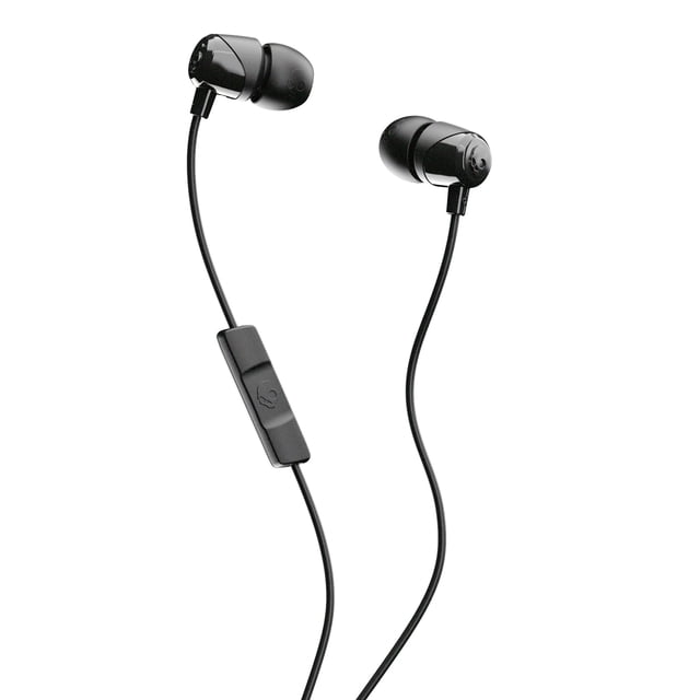 Skullcandy Jib with Mic Earbuds in black, featuring noise-isolating ear gels and an inline microphone for hands-free calls, designed for comfortable extended wear and rich audio quality, compatible with most smartphones and ideal for daily use.