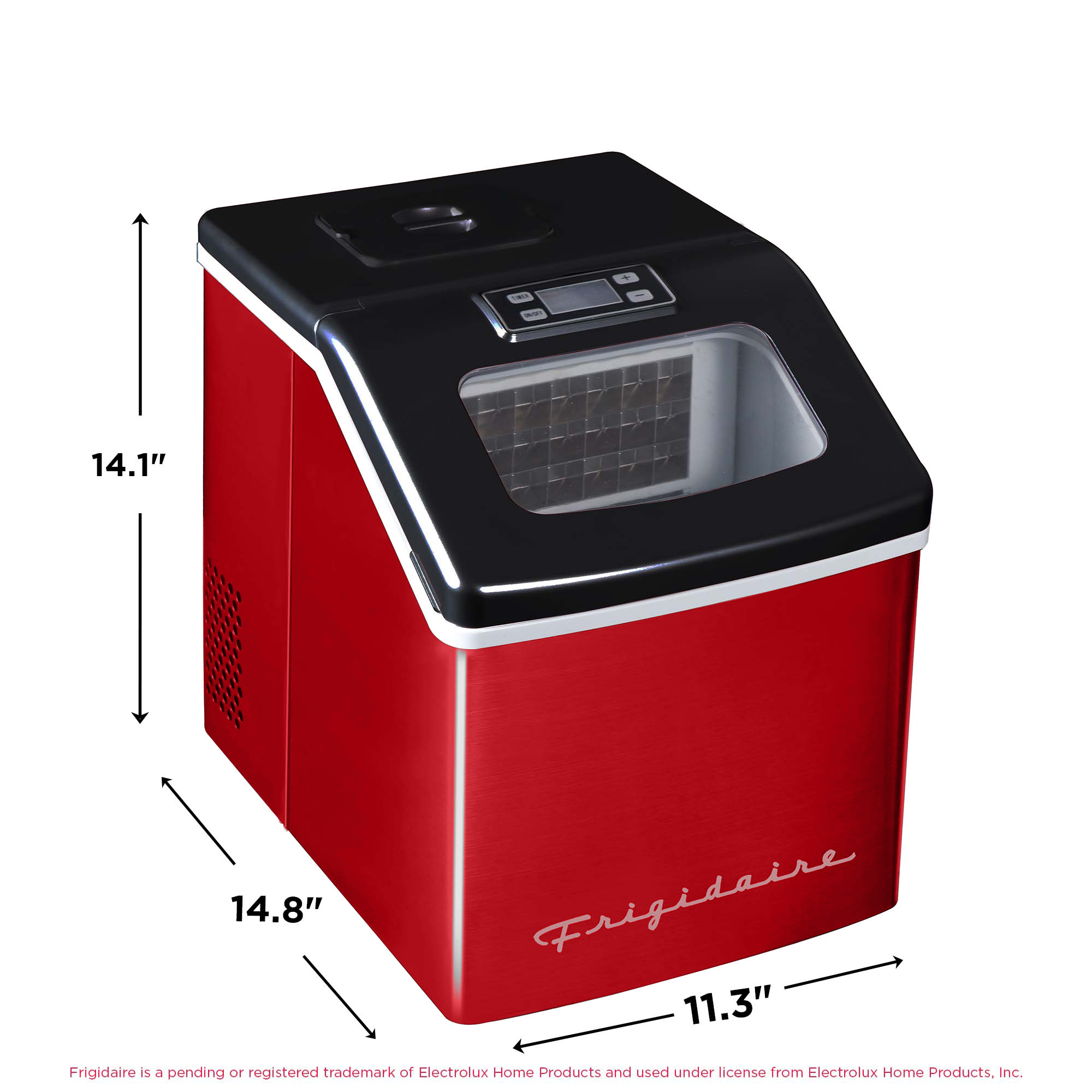 Machine à glaçons carrée transparente Frigidaire 40 lb, machine à glaçons de comptoir avec commandes numériques, acier inoxydable rouge