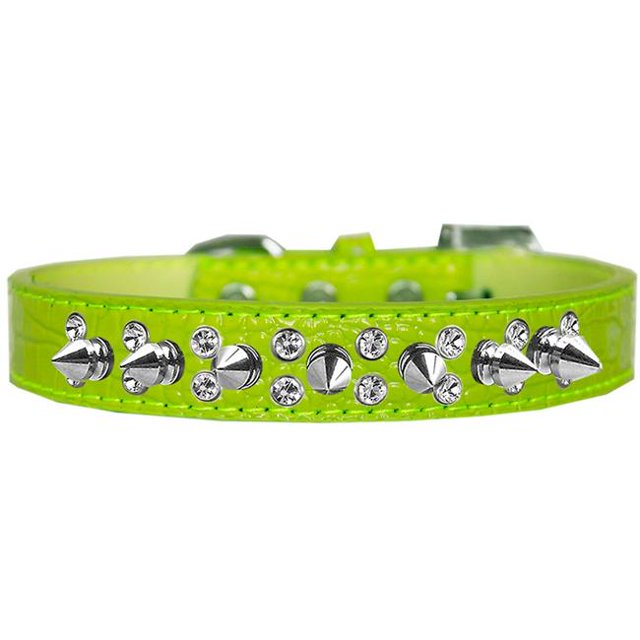 Double Crystal And Spike Croc Dog Collar Lime Green Size 16