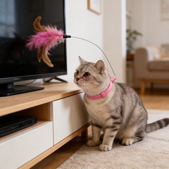 Interactive Cat Play Wand with Adjustable Collar Attachment for Indoor Exercise and Entertainment