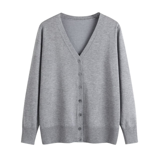 Women‘s Soft Cardigans Lightweight Casual Button Up Knitted Sweaters Cardigan Outerwear Long Sleeve Fall Coat in grey. This cardigan features a button-up front, long sleeves, and a lightweight knitted design, making it suitable for layering in spring, autumn, and winter. Ideal for casual outings, school, holidays, or family days. Machine washable with hand wash recommended. Do not bleach; hang or line dry.
