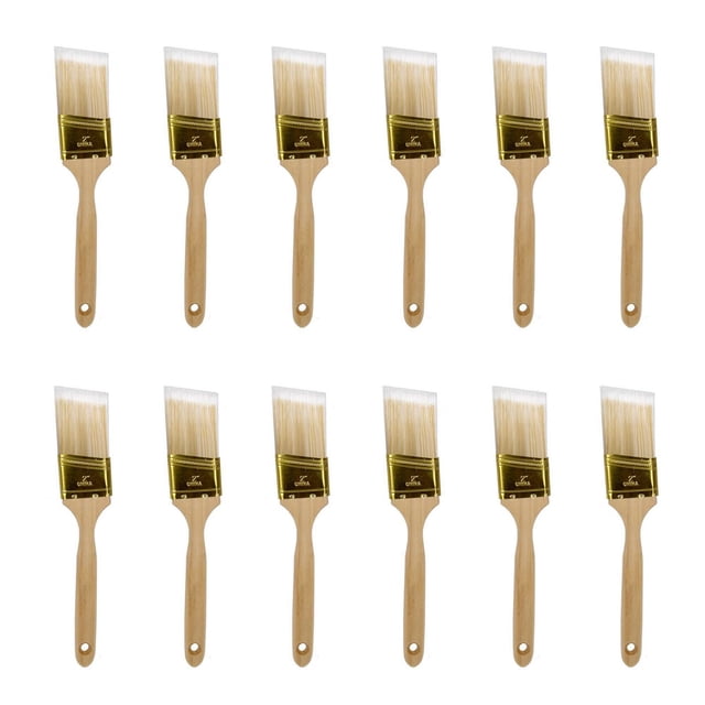ACTION-1 Professional Quality Angled Paint Brush, Pack of 12, showing twelve 2-inch angled brushes with natural wooden handles, white tapered polyester bristles, and gold stainless steel ferrules, arranged in two rows on a white background, ideal for precise trim work, edging, and small area painting in home improvement projects.