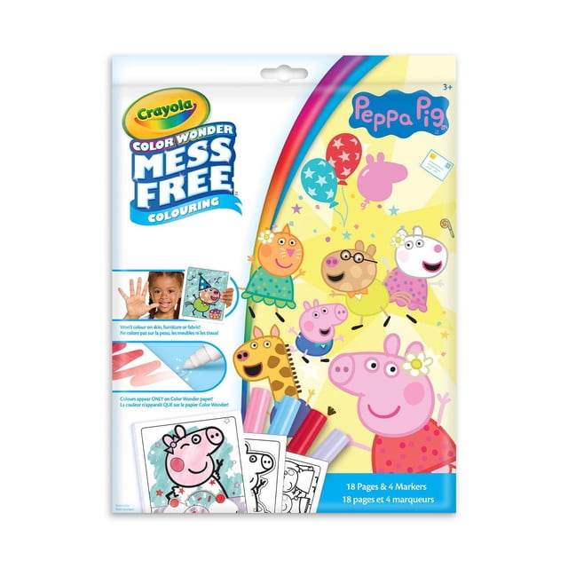 Crayola Color Wonder Mess-Free Colouring Pages & Mini Markers Peppa Pig set with 18 mess-free colouring pages and 4 mini markers in assorted colors, designed to only show color on special Color Wonder paper and prevent marks on skin, clothing, or furniture, suitable for stress-free kids' arts and crafts.